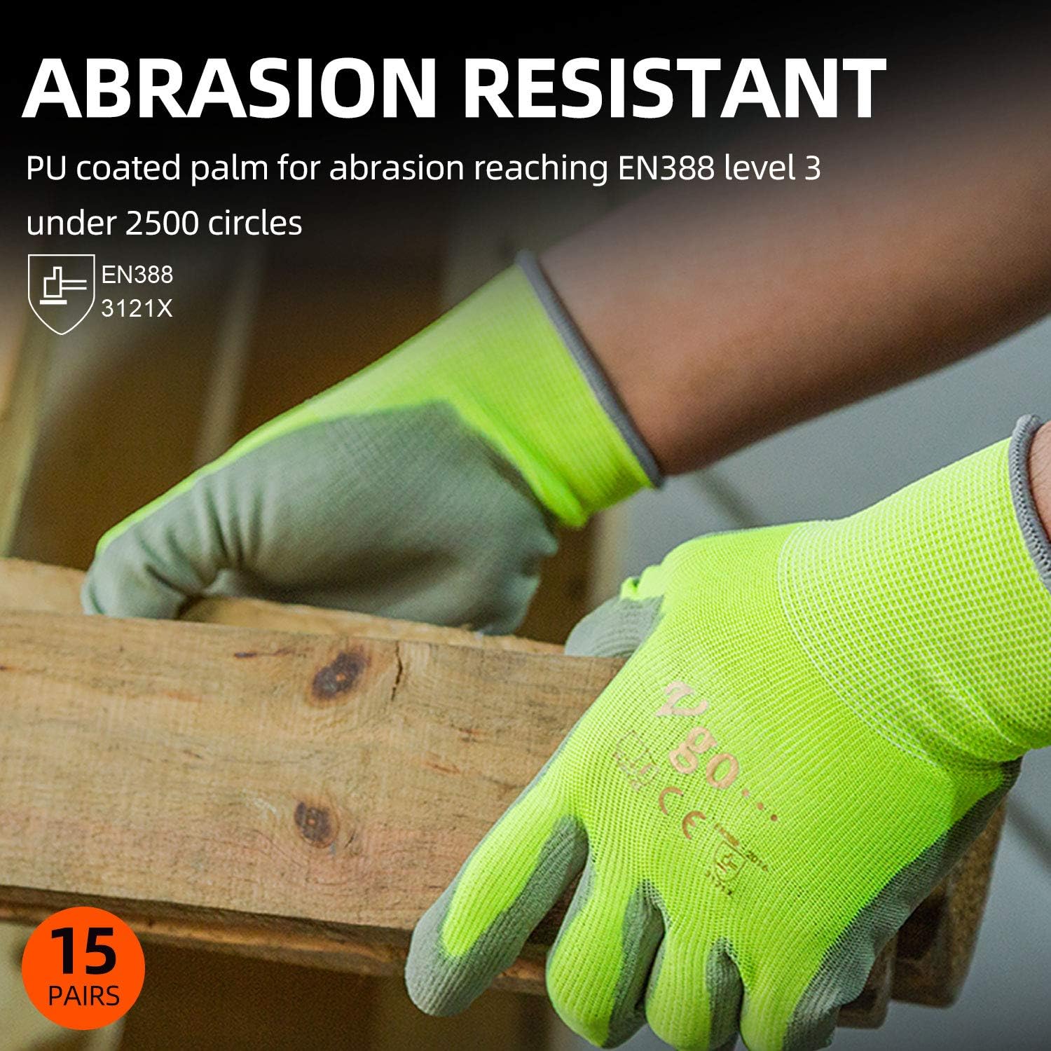 Vgo 15-Pairs Polyurethane Coated Gardening and Work Gloves (Size L, Yellow, PU2103) - - 
