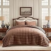 EVERGRACE Pearl Velvet Quilt King Size Bedding Sets, Luxurious Soft Velvet Comforter Set, Lightweight Box Stitching Oversized Bedspread Coverlet for All Season, with 2 Shams, Terracotta Clay