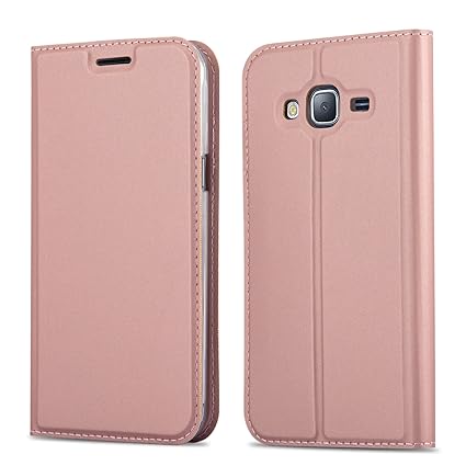 Cadorabo Hülle für Samsung Galaxy J3 2016 (6) - Hülle in ROSÉ Gold – Handyhülle mit Standfunktion und Kartenfach im Metallic 