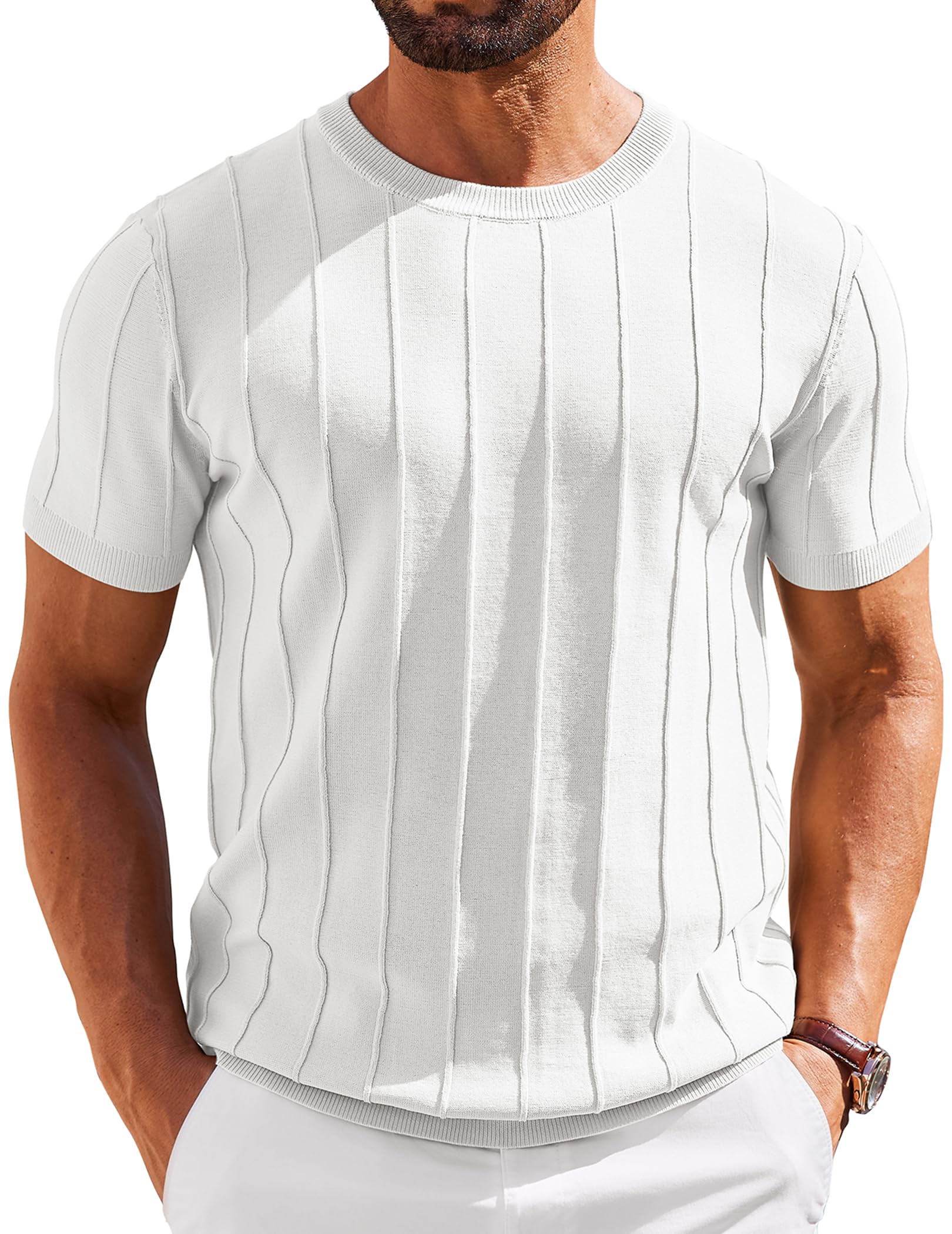 Photo 1 of COOFANDY Mens T Shirts Summer Casual Short Sleeve Knitted Shirts Solid Crewneck Sweater Shirts White