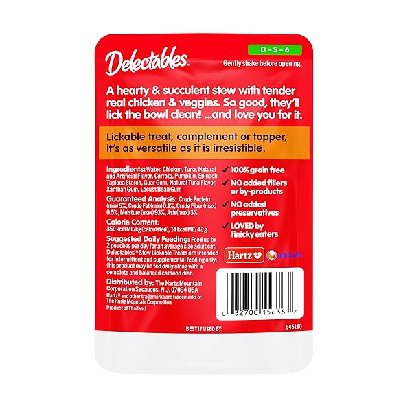 HARTZ DELECTABLES STEW LICKABLE WET CAT TREATS FOR ADULT & SENIOR CATS, CHICKEN & VEGGIES, 1.4 OUNCE (PACK OF 12) (PACKAGING MAY VARY)