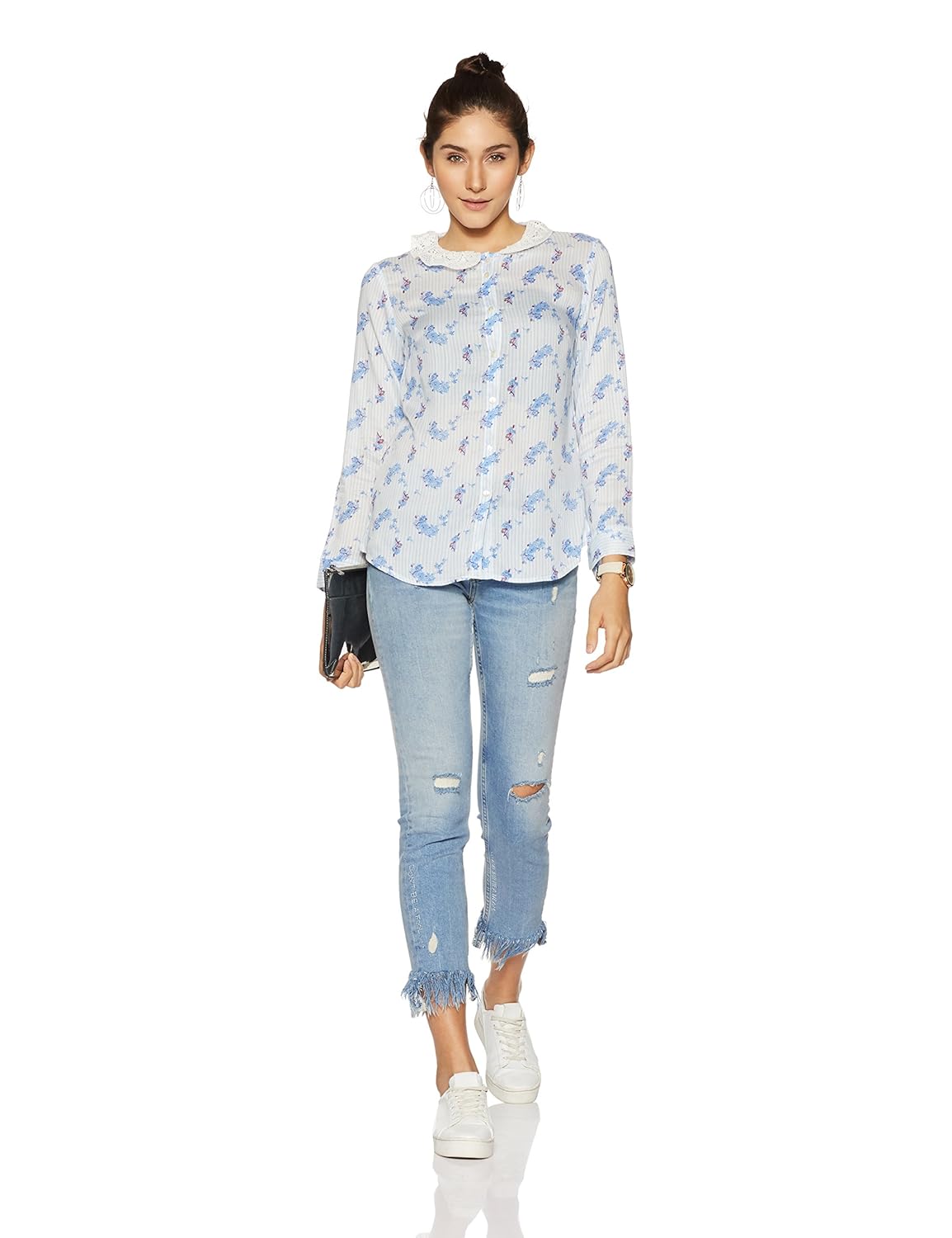 stylevile women's printed shirt with lace collar