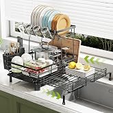 Nfnoyp 2-Tier Expandable Dish Drying Rack for Kitchen Counter, Black | Large Capacity Dish Rack Organization, Heavy-Duty Carbon Steel, Over Sink &amp; Counter Use, Swivel Drain Spout &amp; Cup Hooks