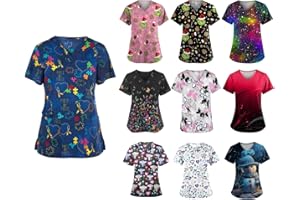 UOFOCO Print Scrubs for Women Nurse Vet Pediatric with Design—Cozy Fit Plus Size Scrub Tops 2025 Spring Summer Scrub Shirts