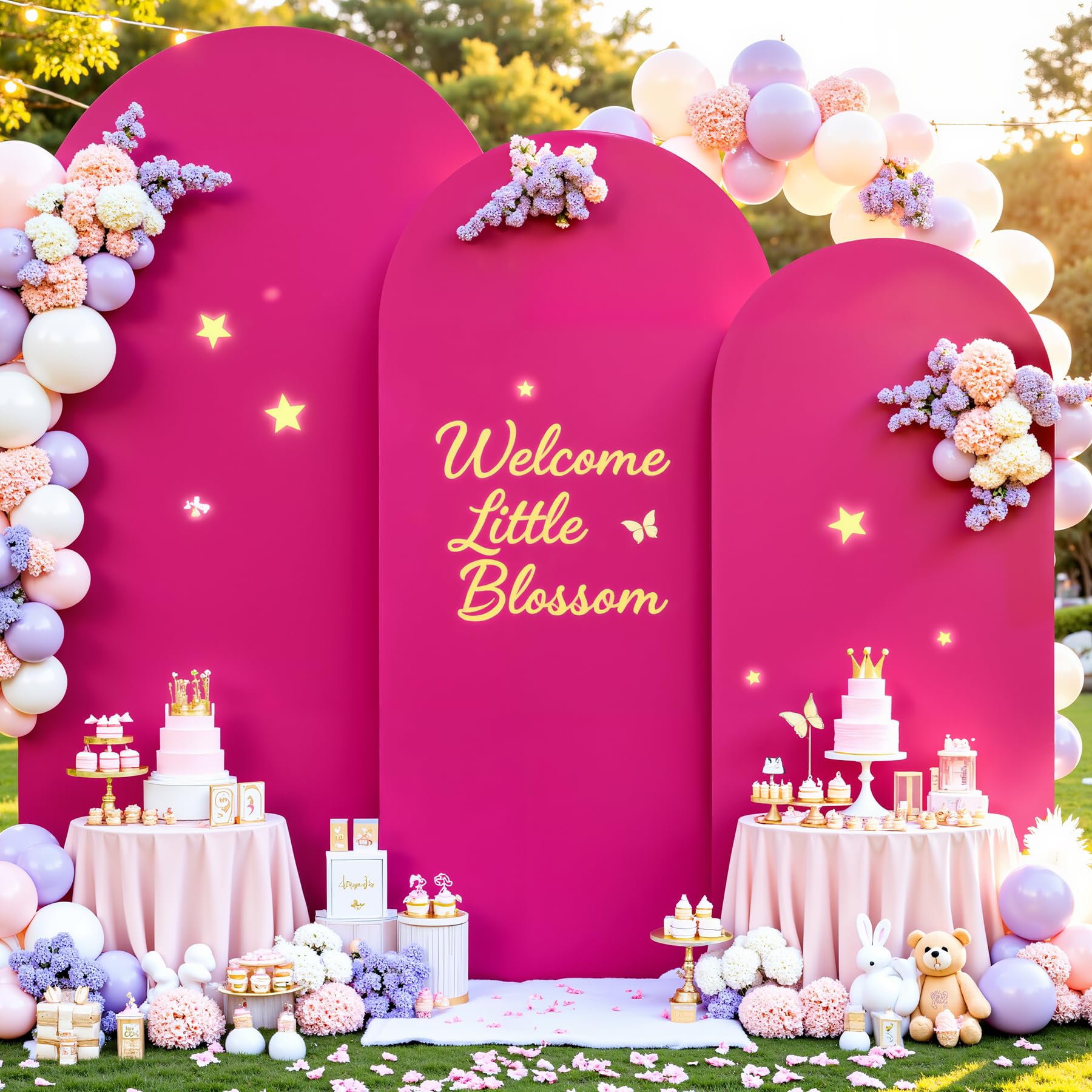 Photo 1 of Hot Pink Arch Cover 3 Set - 6.6FT, 7.2FT, 8FT Arch Backdrop Cover Spandex Fitted Wedding Arch Stand Covers for Baby Shower Birthday Party Wedding Bridal Shower Banquet Photo Background Decorations