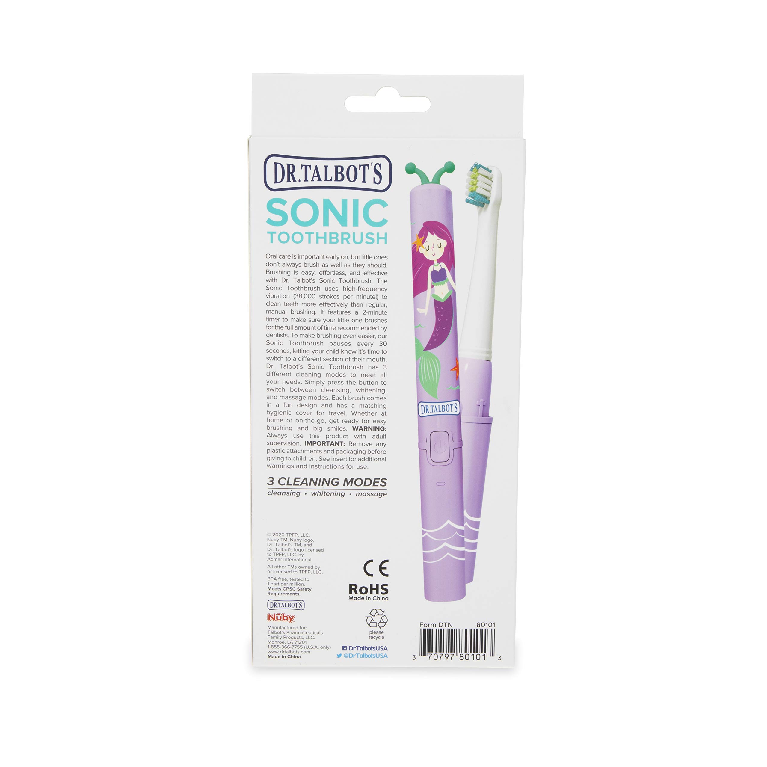 Dr. Talbot's Nuby Toddler Sonic Electric Toothbrush with Rechargeable Battery, 3 Cleaning Modes, Mermaid