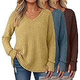 Oakgarden 3 Pack Women's Plus Size Sweaters Long Sleeve Shirts Tunic with Thumb Holes Ribbed V Neck Casual Loose Fit Fall Top