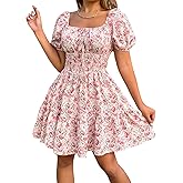 Floerns Women's Boho Square Neck Puff Short Sleeve Self Tie Front A Line Dress
