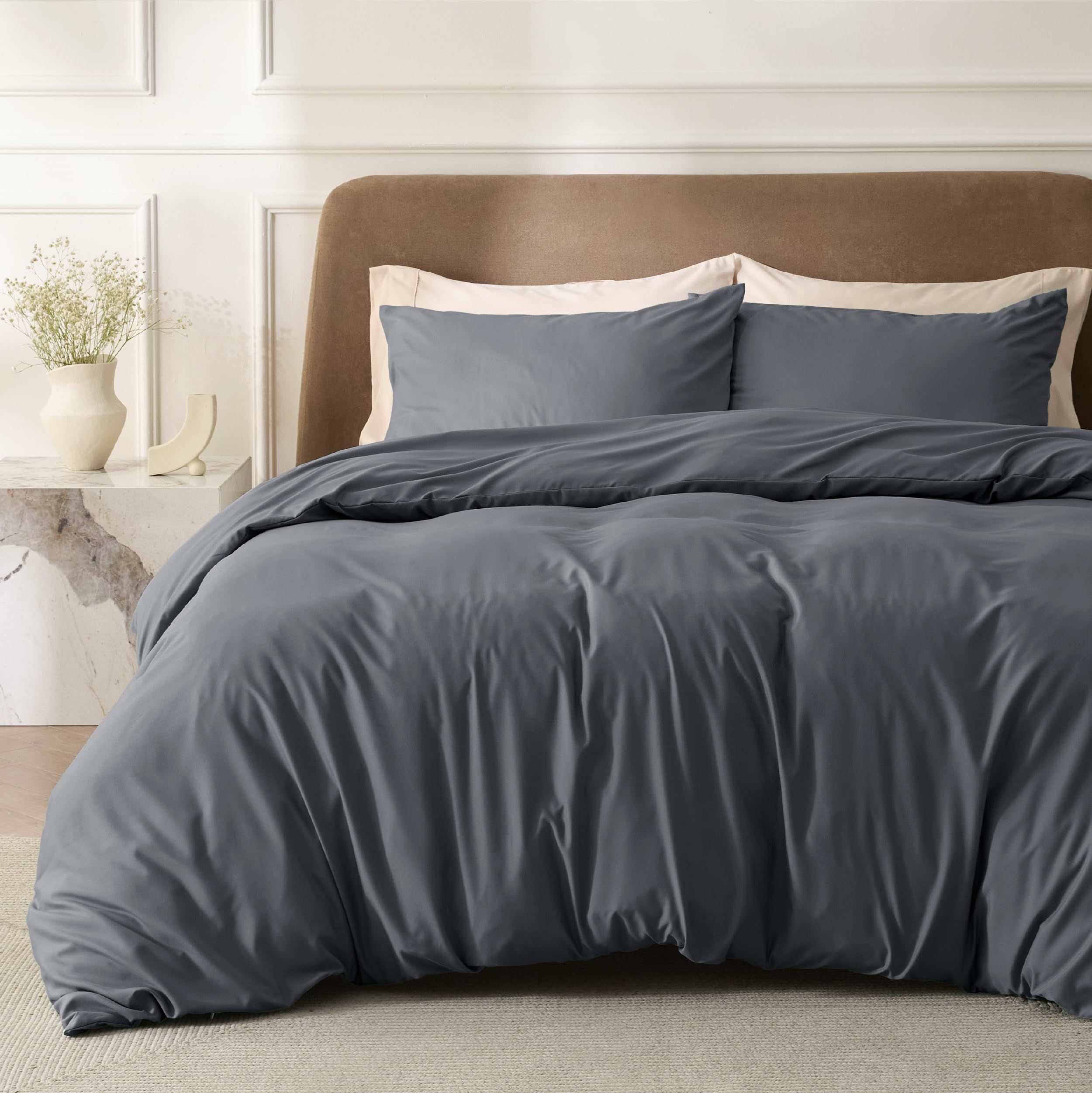 Bedsure 260x220cm Duvet Cover Set - Superking Brushed Microfiber Bed Cover Set with Zipper Closure, Quilt Bedding Cover with 2 Pillowcases, Dark Grey