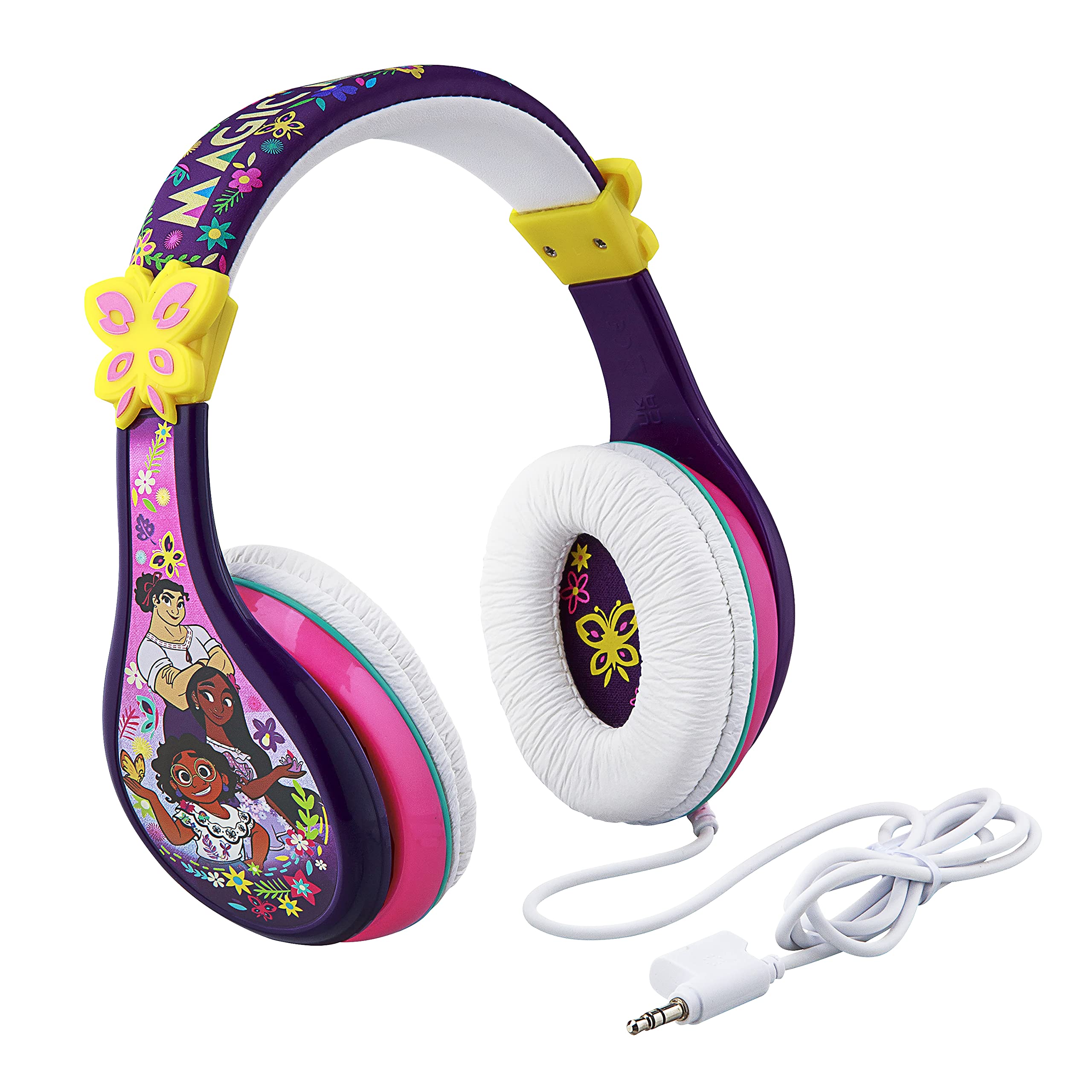 eKids Disney Encanto Headphones for Kids, Wired for School, Home or Travel, Tangle-Free With Volume Control, 3.5mm Jack, Includes Splitter
