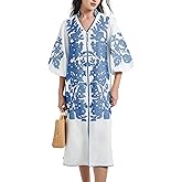 D-Sun Women Floral Embroidery Mid Dress Casual V-Neck 3/4 Sleeves Fall Winter Tunic Loose Zip Party Dress with Pocket