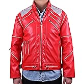 MJB2C Red 80s PU Leather Jacket – Retro Zipper Accent Stage Coat for Cosplay, Halloween & Party (Adult & Kids Sizes)