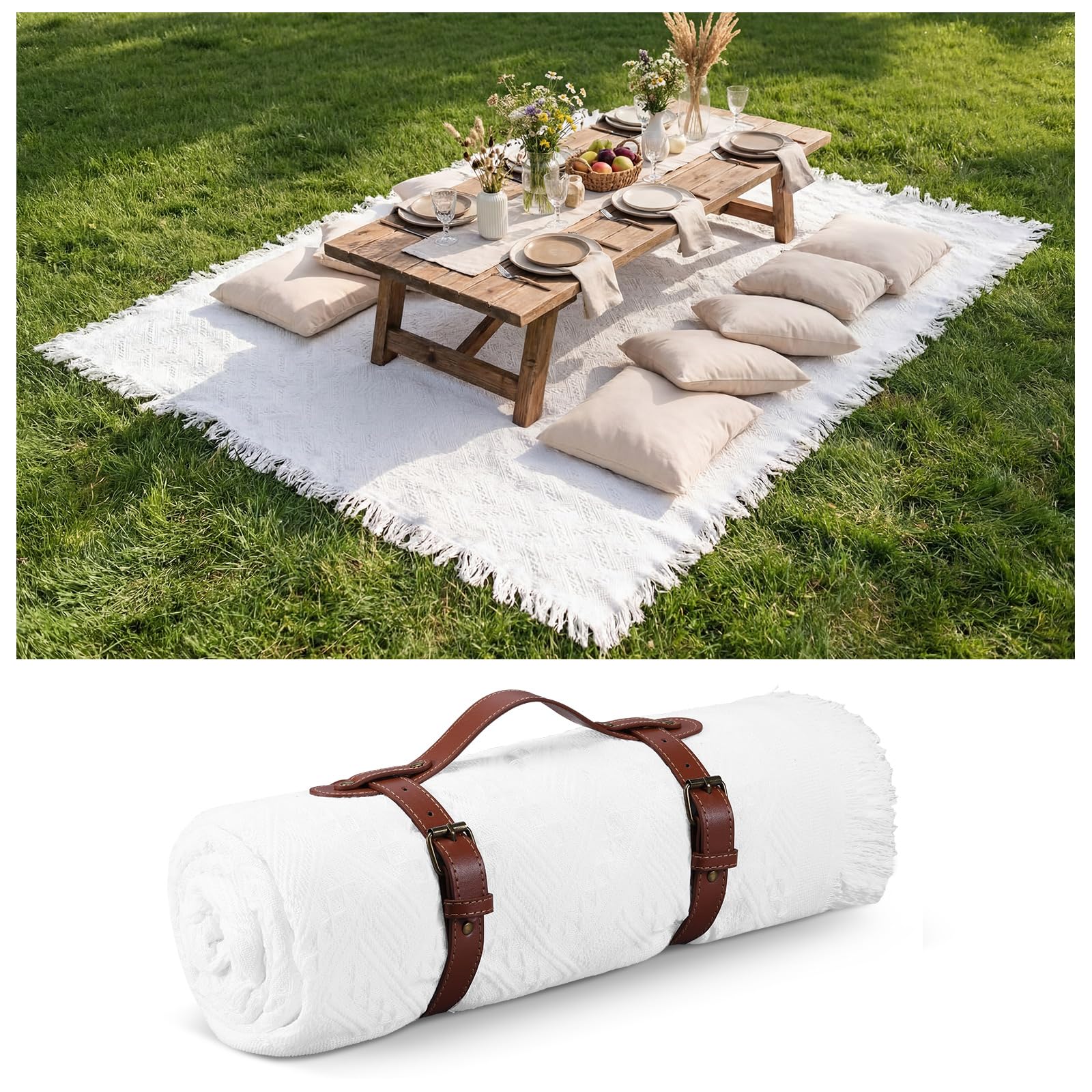 Photo 1 of Frienda 70 x 120 Inch Extra Large White Outdoor Picnic Blanket Woven Cotton Yarn Blanket with Fringe and Leather Storage Strap Boho Decor for 8 to 12 Camping Lawn Wedding Photoshoot Beach Park Grass