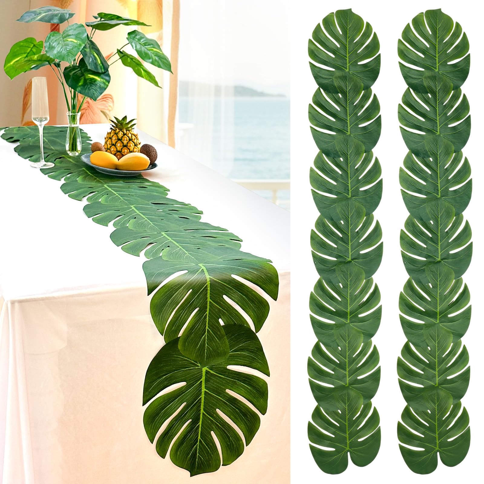 Photo 1 of AerWo 2Pcs Artificial Palm Leaves Green Table Runner, Summer Tropical Leaf Table Runners 72 inches Long for Wedding Moana Jungle Safari Tropical Hawaiian Luau Party Decorations