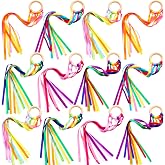 Deekin 12 Pcs Rainbow Ribbon Wooden Waldorf Toys Creative Waldorf Hand Kite Set Streamers with Wood Ring Educational Toy for Playroom Dancing Birthday(Bright Color)