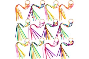 Deekin 12 Pcs Rainbow Ribbon Wooden Waldorf Toys Creative Waldorf Hand Kite Set Streamers with Wood Ring Educational Toy for Playroom Dancing Birthday(Bright Color)
