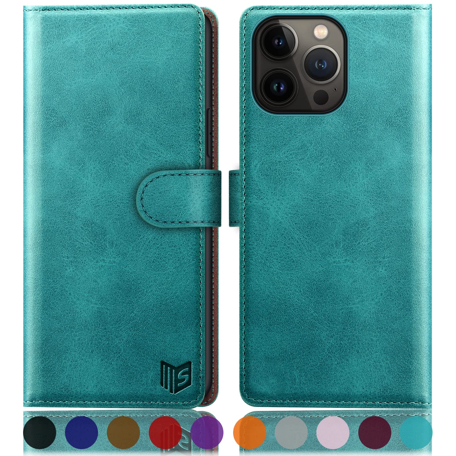 SUANPOT for iPhone 14 Pro 6.1 inch case with [Credit Card Holder][RFID Blocking],PU Leather Flip Book Protective Cover Women Men for Apple 14 Pro Phone case Blue Green