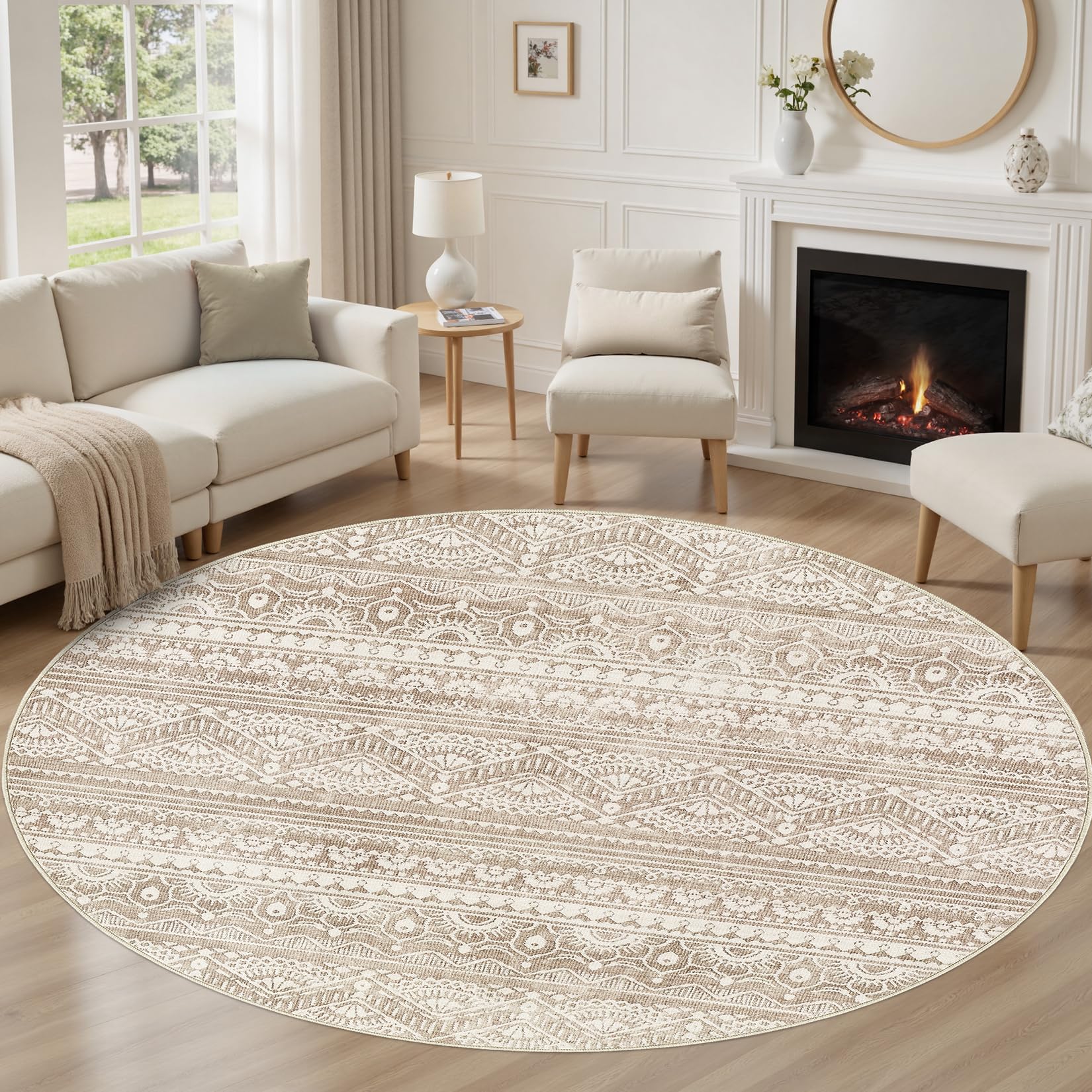 Tortania 6' Round Area Rug Living Room Rugs - Washable Large Soft Neutral Boho Moroccan Bohemian Farmhouse Rug Indoor Floor Carpet for Bedroom Under Dining Table Home Office Decor - Light Brown Image