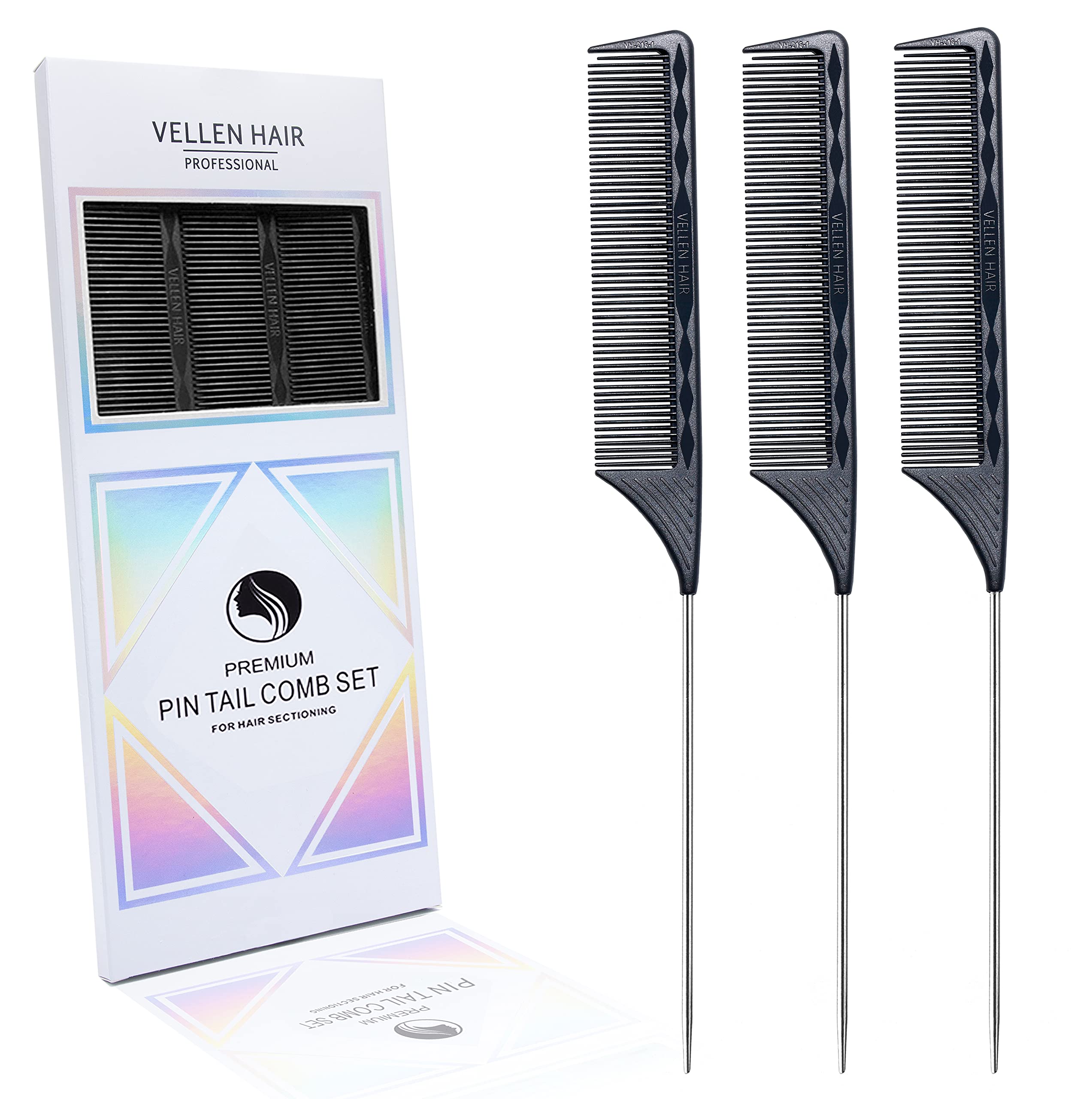 Vellen Hair Professional 9" Needle Handle Combs for Hair Stylists, Heat Resistant and Anti-Static PEI Material, Needle Handle Comb with Long Stainless Steel for Parting - 3 Pack (Black)