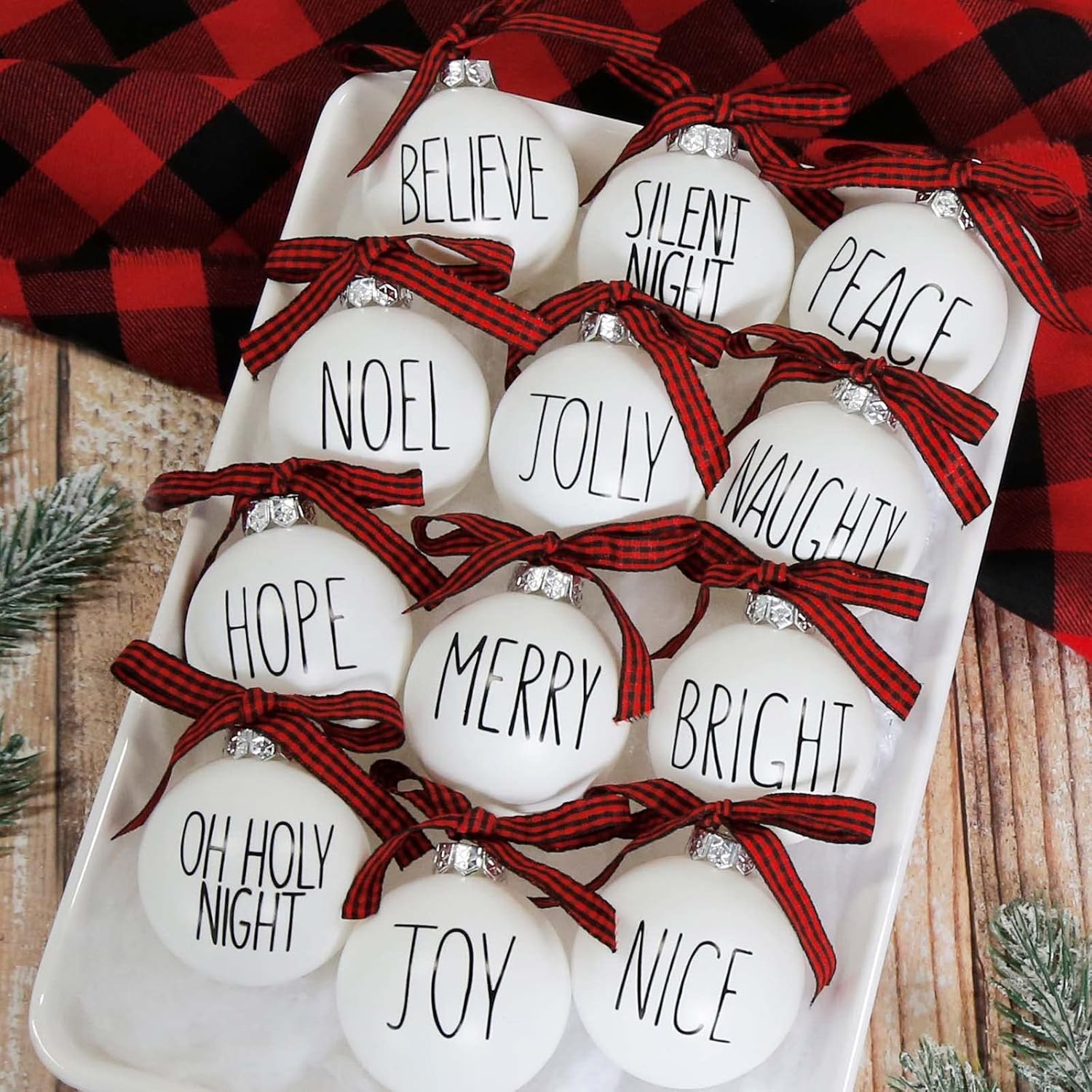 Ornaments - Christmas Ornaments - Set of 12 Shatterproof White Bulbs Adorned with Buffalo Plaid Bows - Rustic Farmhouse Christmas Tree Decorations for Xmas Tree Decor