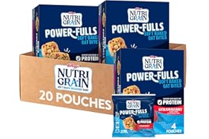 NUTRI GRAIN Nutri-Grain Power-Fulls Soft Baked Oat Bites, Protein Snacks, Whole Grain, Strawberry (5 Boxes, 20 Pouches)
