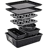 NutriChef 8-Piece Stackable Bakeware Set - Carbon Steel Non-Stick Baking Pan Set, Sheet, Muffin, Round, Loaf, Square Cake & Deep Pans, 450°F Heat Resistant, Standard & Convection Ovens (Black Marble)