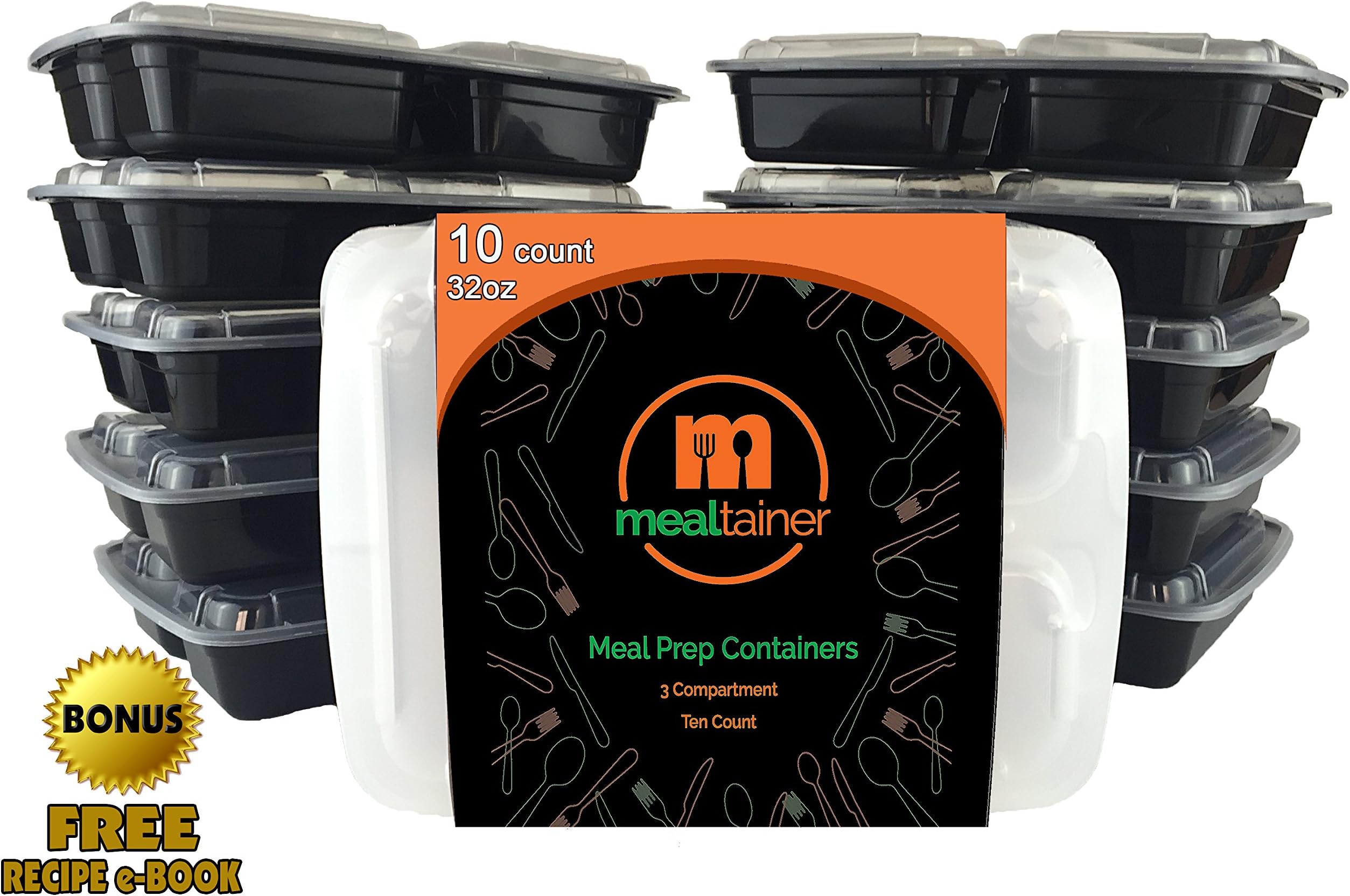 MEALTAINER 3 Compartment Plastic Reusable Containers with Lids and Recipe Ebook (Pack of 10)