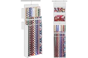 WOODOULOGY Wrapping Paper Organizer Storage, Double-Sided Hanging Gift Wrap Roll Holder for Christmas, 63"x13" Over Door Present Bag Container for Room Closet, White Wrapper Station for Birthday