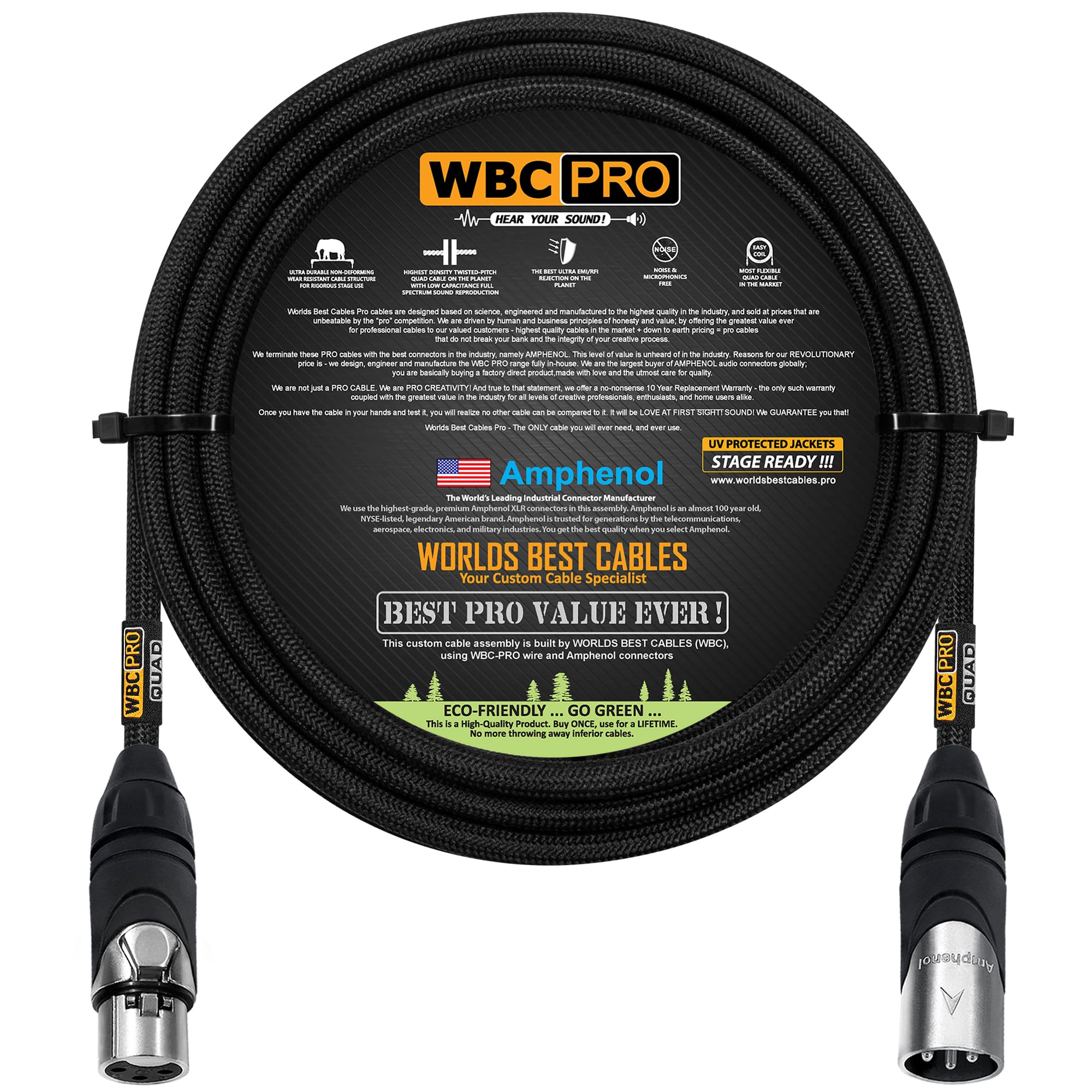 WORLDS BEST CABLES 3 Meter - WBC-PRO-QUAD Ultra-Silent Ultra-Flexible Balanced Star-Quad Cable with Amphenol Male & Female XLR Plugs & Black Tweed Jacket