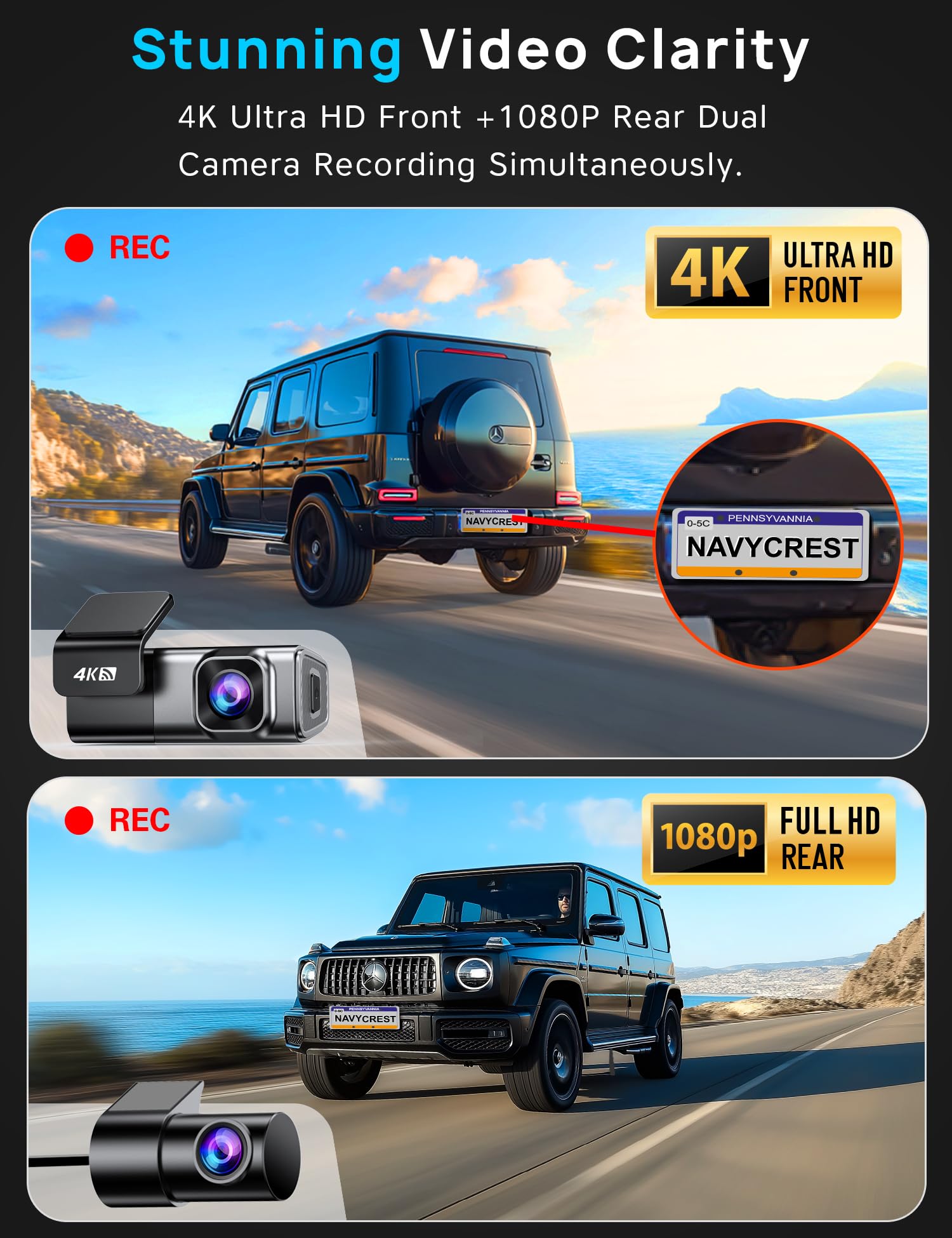 Navycrest 4K Dash Cam Front and Rear with 64GB Card, Built-in 5G WiFi, Dash Camera for Cars 4K Front and 1080P Rear, Dashcams for Cars Loop Recording, Gravity Sensor, 24-Hours Parking Mode