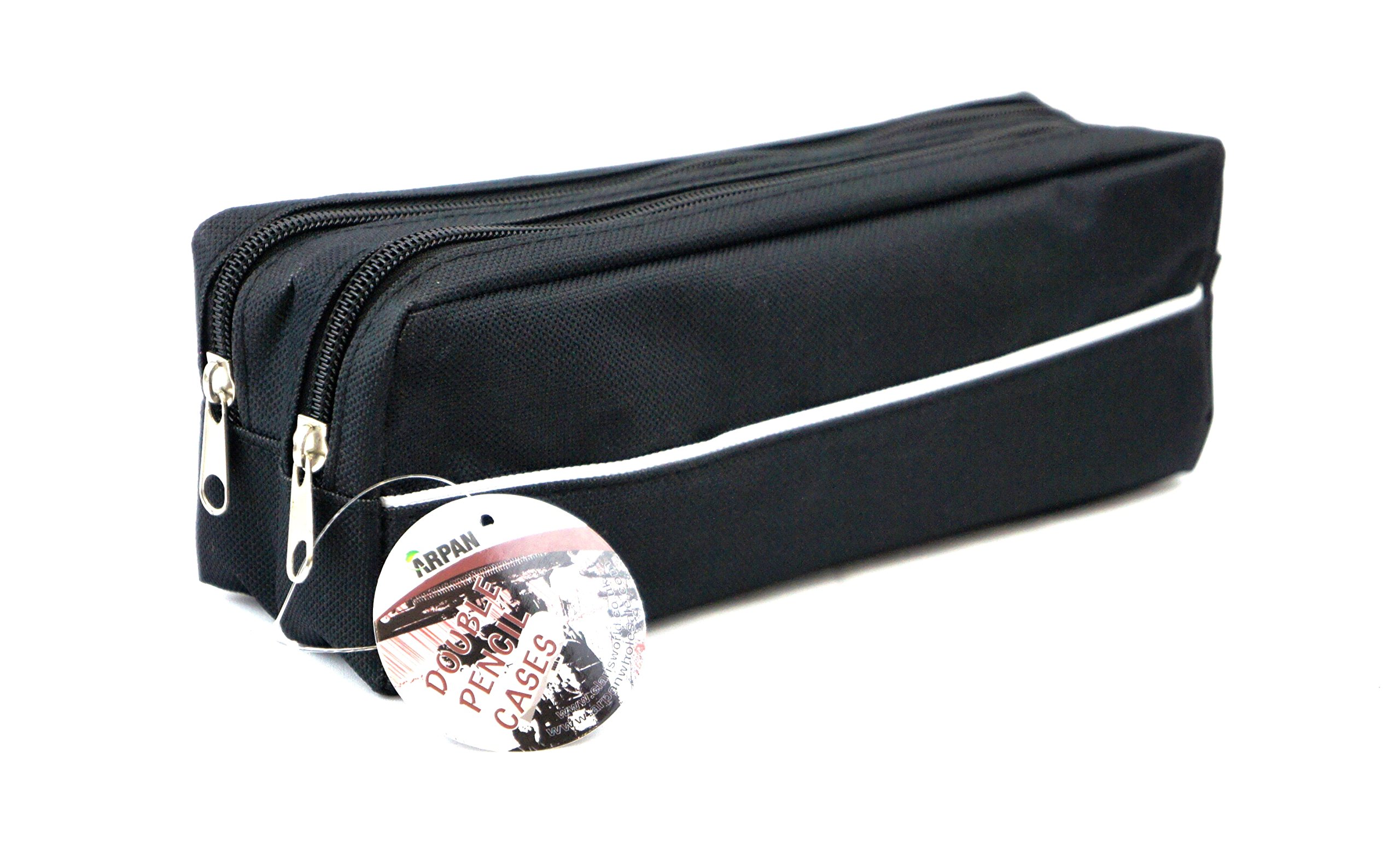 ARPAN X-Large Double Zip Fabric Pencil Case, Rectangular Pencil Case for School, College, Art & Make-Up Storage, 25 x 8 x 5 cm (Black)