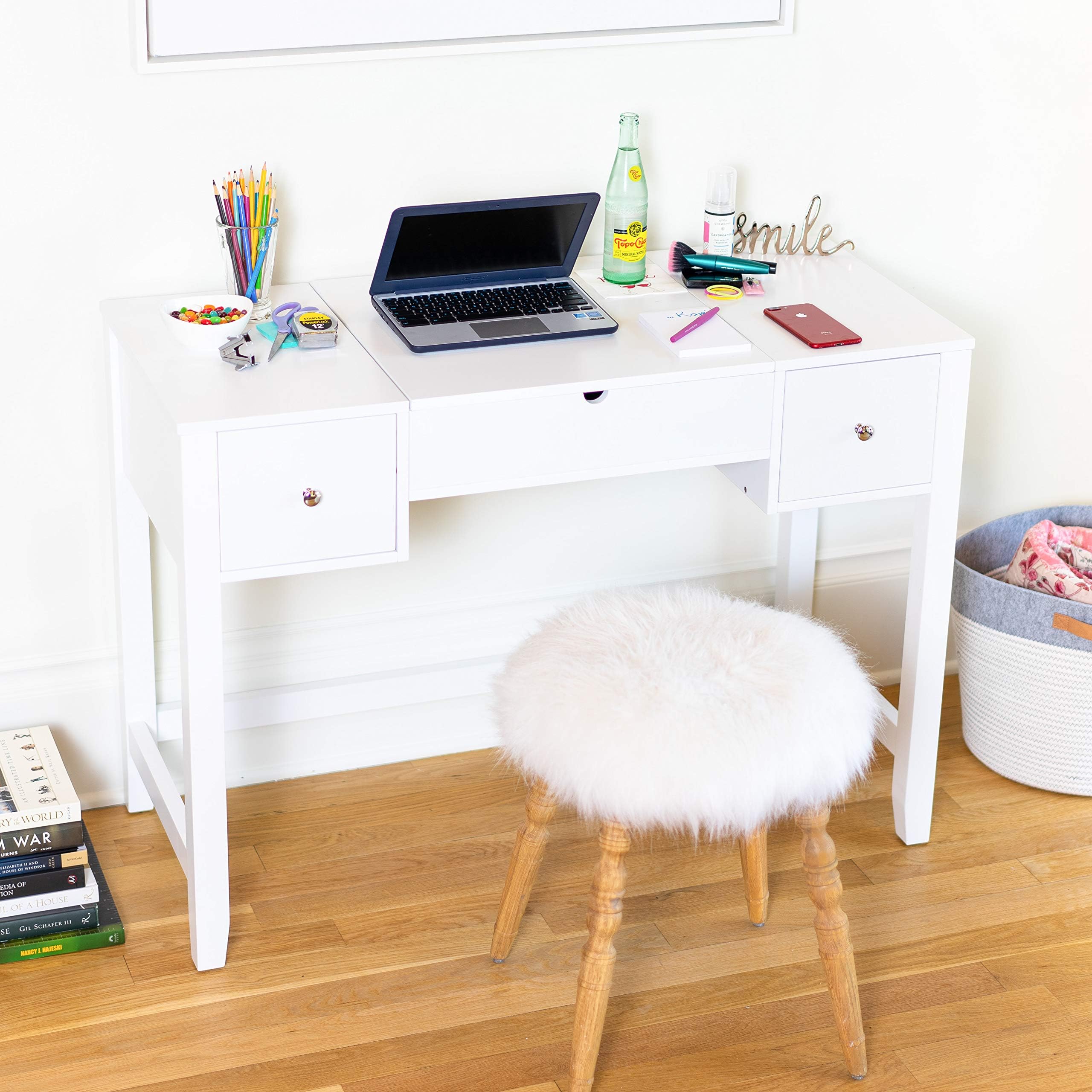 Alveare HomeHarper Desk with Mirror – Makeup Table & Beauty Organizer with Storage Drawers, Compact Design for Bedroom or Office, Durable Wood Construction Vanity, 31″ H x 43″ W x 19″ D, White