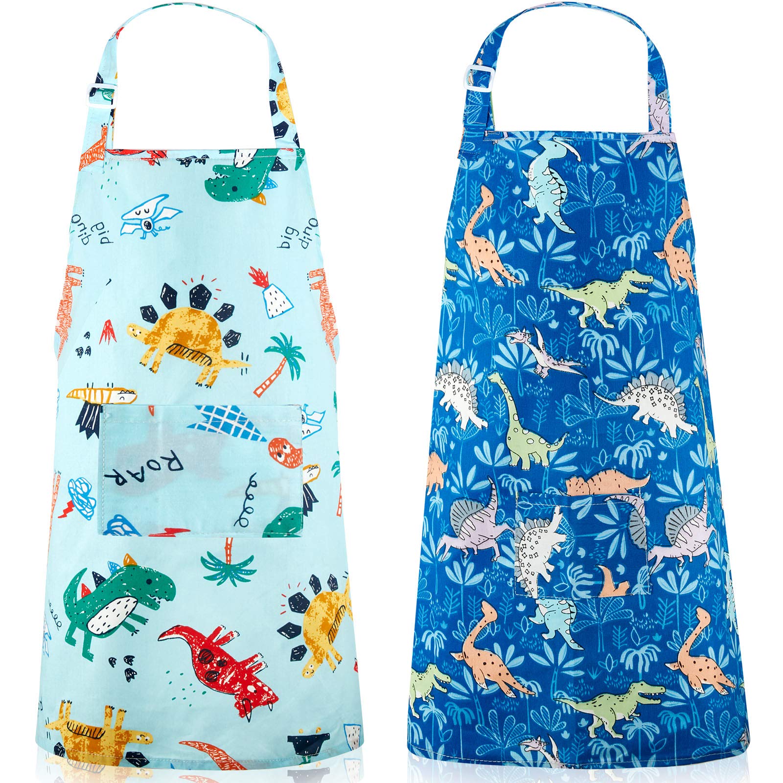 Geyoga 2 Pcs Kids Dinosaur Apron with Pocket for Boys Girls Cooking Kitchen Children Toddler Cartoon Apron with Adjustable Neck Strap for Cooking Baking Painting Kids Christmas Birthday Gift