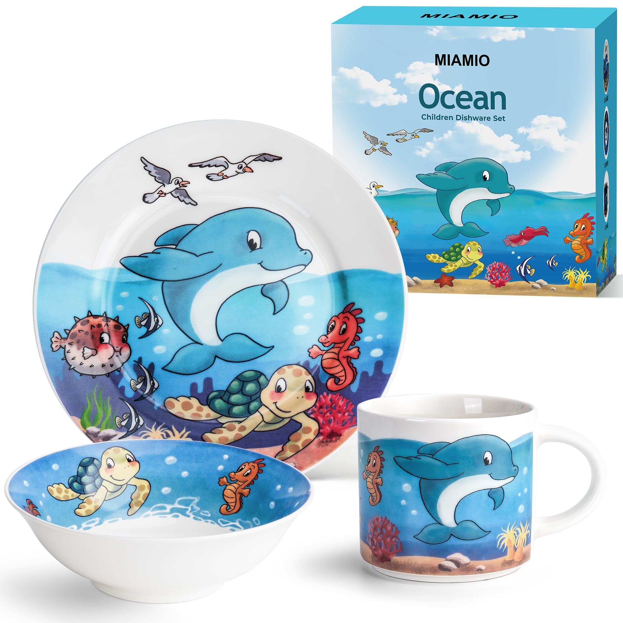 MIAMIO – Set of 3 Kids Dinnerware Set/Children Dishes, Kids Dish Set, Children’s Tableware Set - Includes Plate, Bowl and Cup – for Kids and Toddler (Ocean)