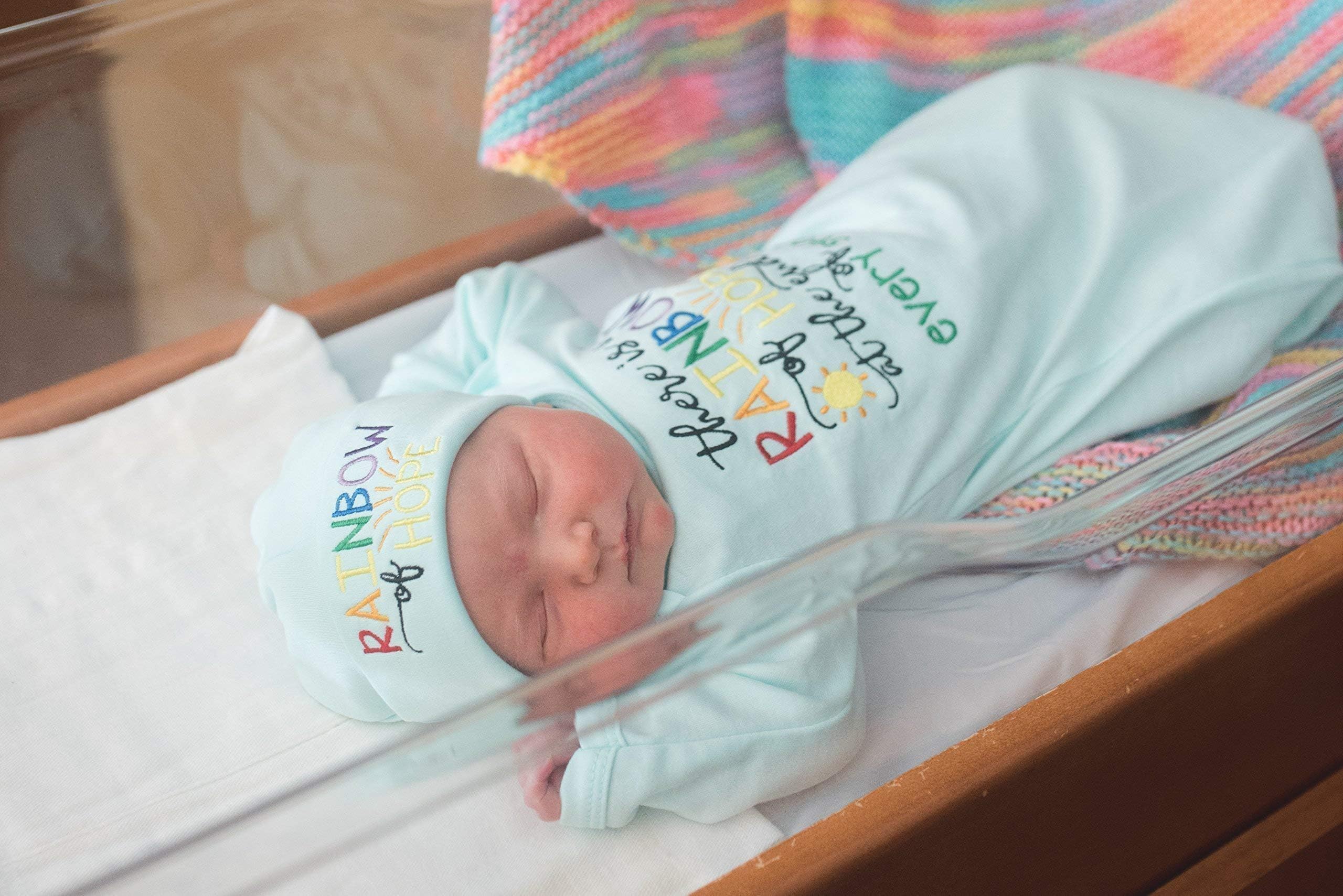 Newborn Baby Unisex Infant Gown and Hat Set- Rainbow Baby - Baby Shower Gift - Coming Home Outfit
