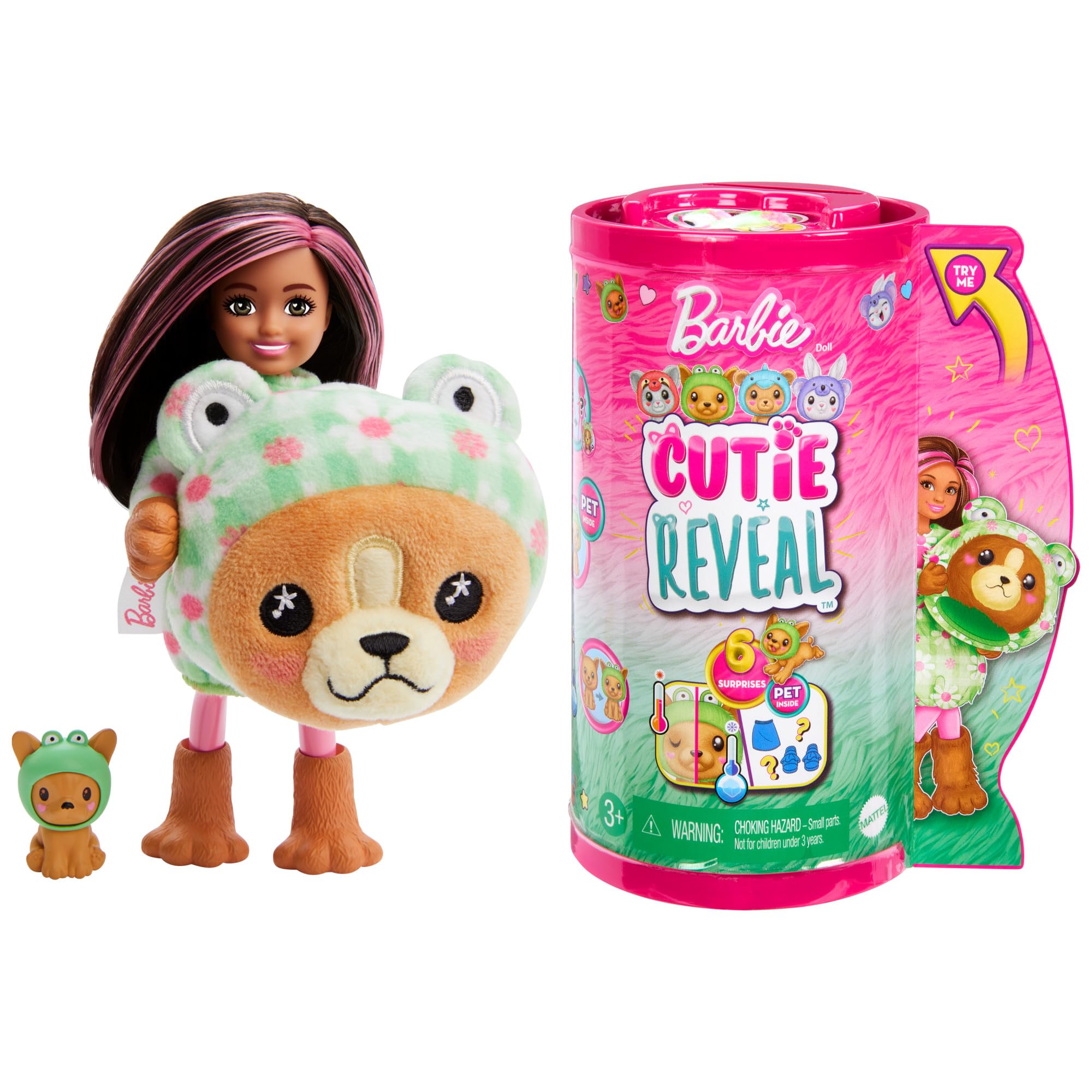 Barbie Cutie Reveal Chelsea Doll & Accessories, Animal Plush Costume & 6 Surprises Including Color Change, Puppy as Frog, HRK29