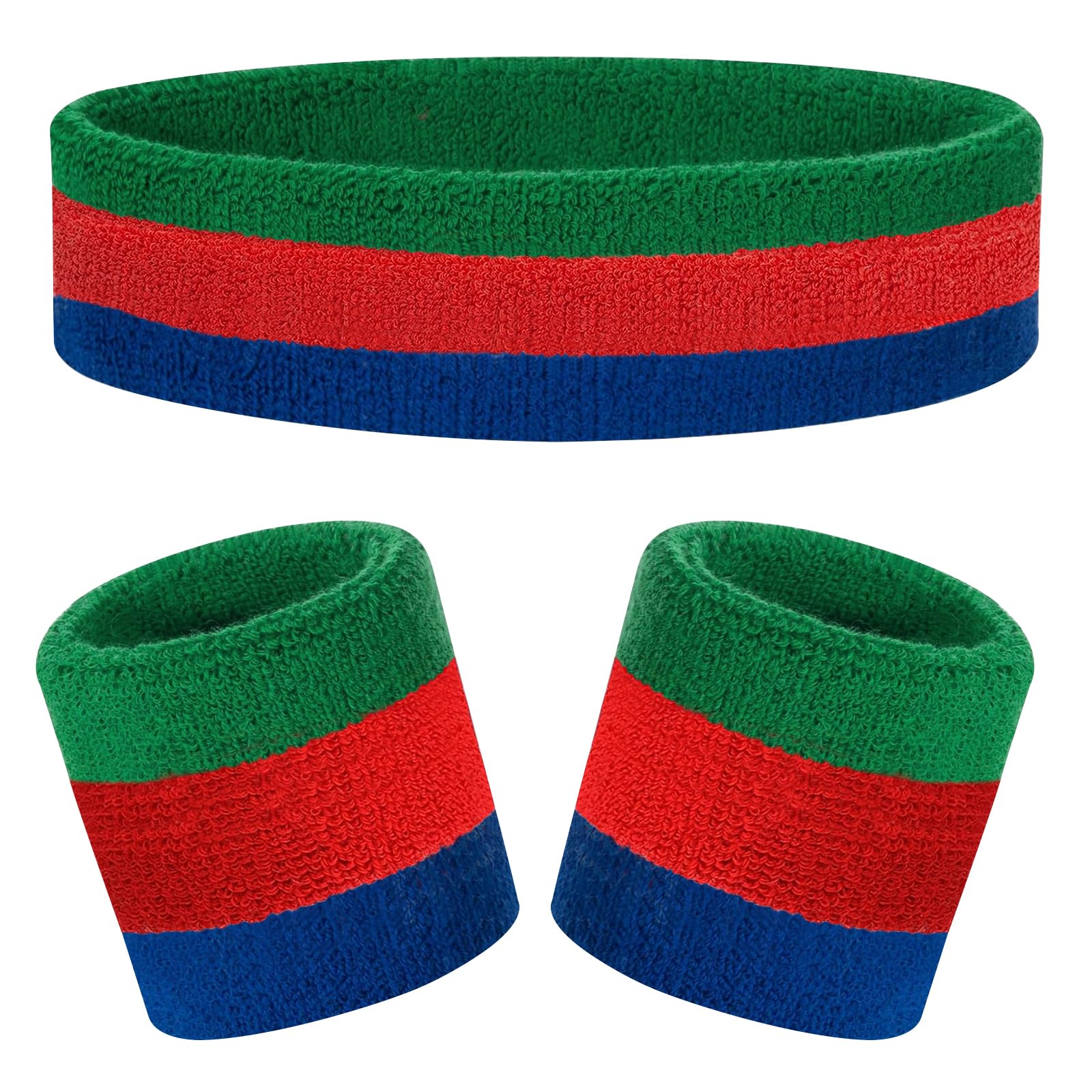 Kids Sweatbands Headband Wristband Set - Athletic Cotton Sweat Band for Sports - Ultimate Sweat-Absorbing 3-piece Set (1 Headband + 2 Wristbands) (Teal+Red+Blue)