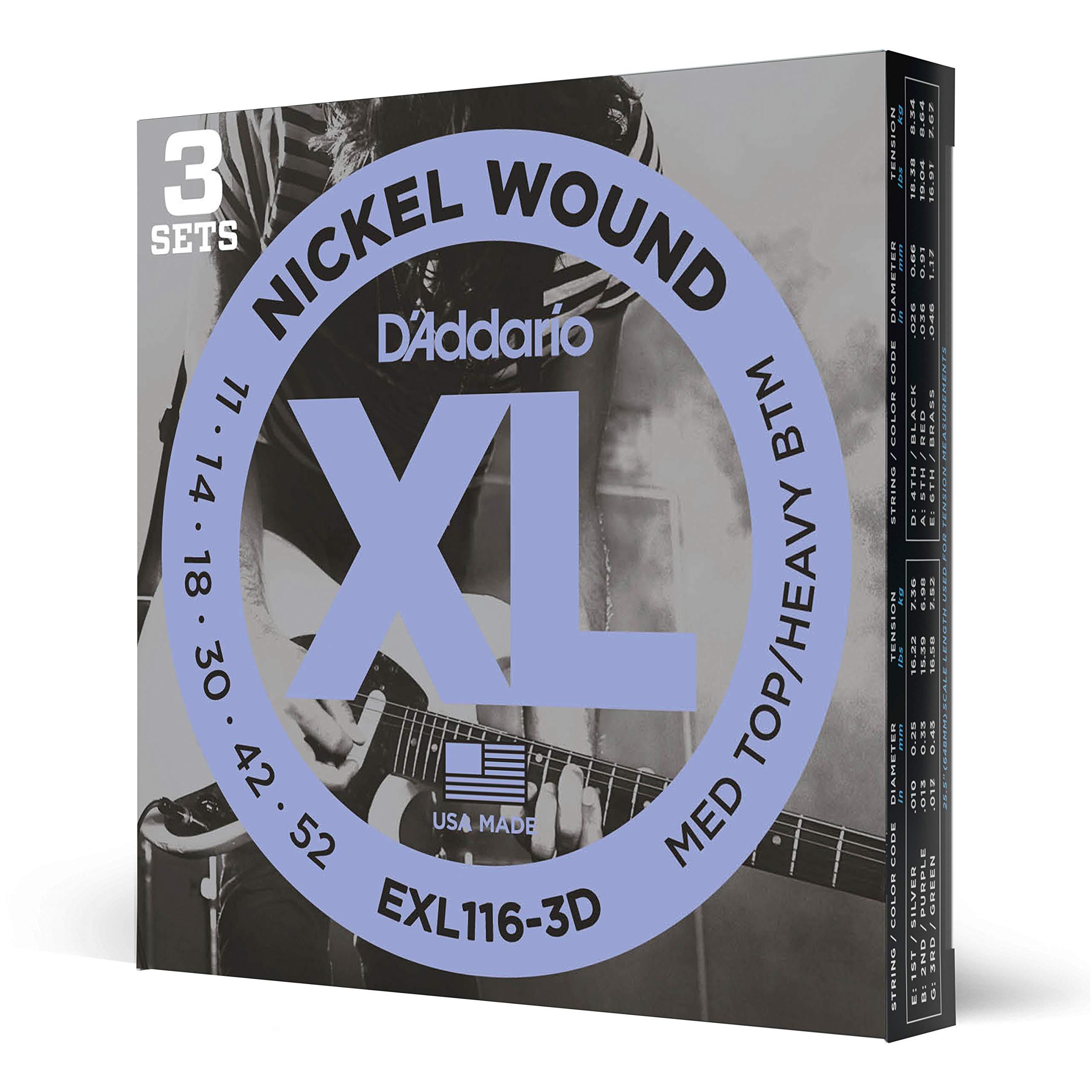 D'Addario EXL116 Nickel Wound Electric Guitar Strings, Medium Top/Heavy Bottom, 11-52, 3 Sets
