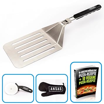 Premium Pizzaschaufel Set aus rostfreien Edelstahl zum Pizza backen von ANSAS | Mit profi Pizzaschneider + großem Schneidrad,