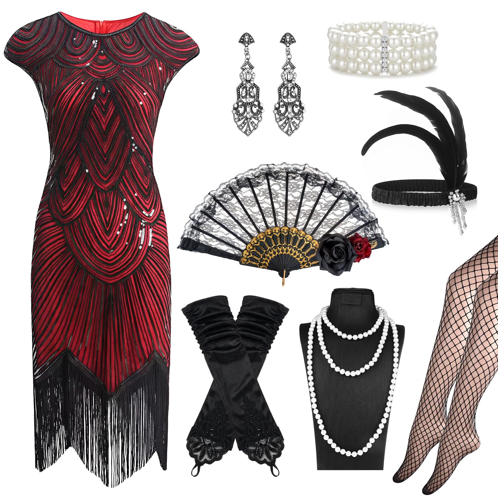 Owdenuy 1920s Flapper Great Gatsby Accessories Set,Claret Roaring 20's Theme Set with Sequin Fringed Dress Red Rose Fan Headband Gloves Necklace Handheld Prop for Women Ladies (Claret, XL)