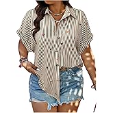 WDIRARA Women's Plus Size Heart Print Striped Blouse Short Sleeve Button Down Shirts Tops