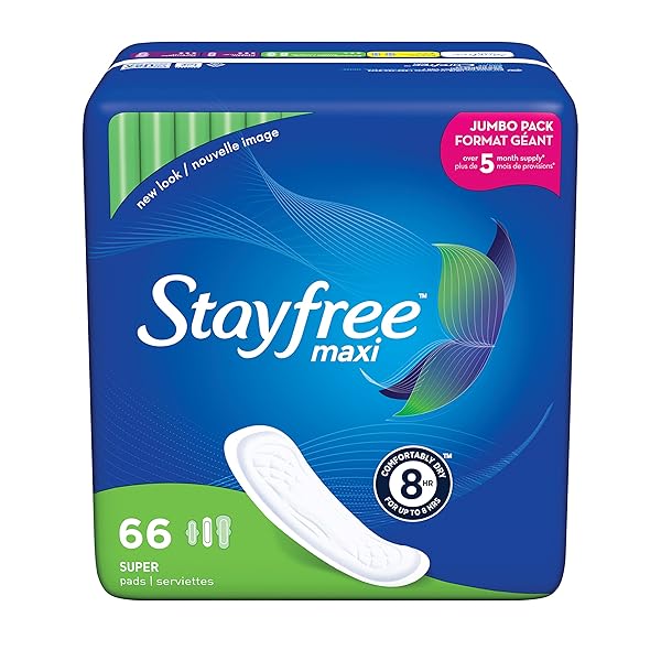 STAYFREE MAXI SUPER LONG PADS FOR WOMEN, WINGLESS, RELIABLE PROTECTION AND ABSORBENCY OF FEMININE PERIODS, 66 COUNT