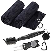 Aulock Golf Towel and Brush Set -16" x24" Microfiber Towels with Clip, Men Cleaning Kit with Golf Club Brush (2 Black Towels + 1 Brush + Golf Divot Tool)