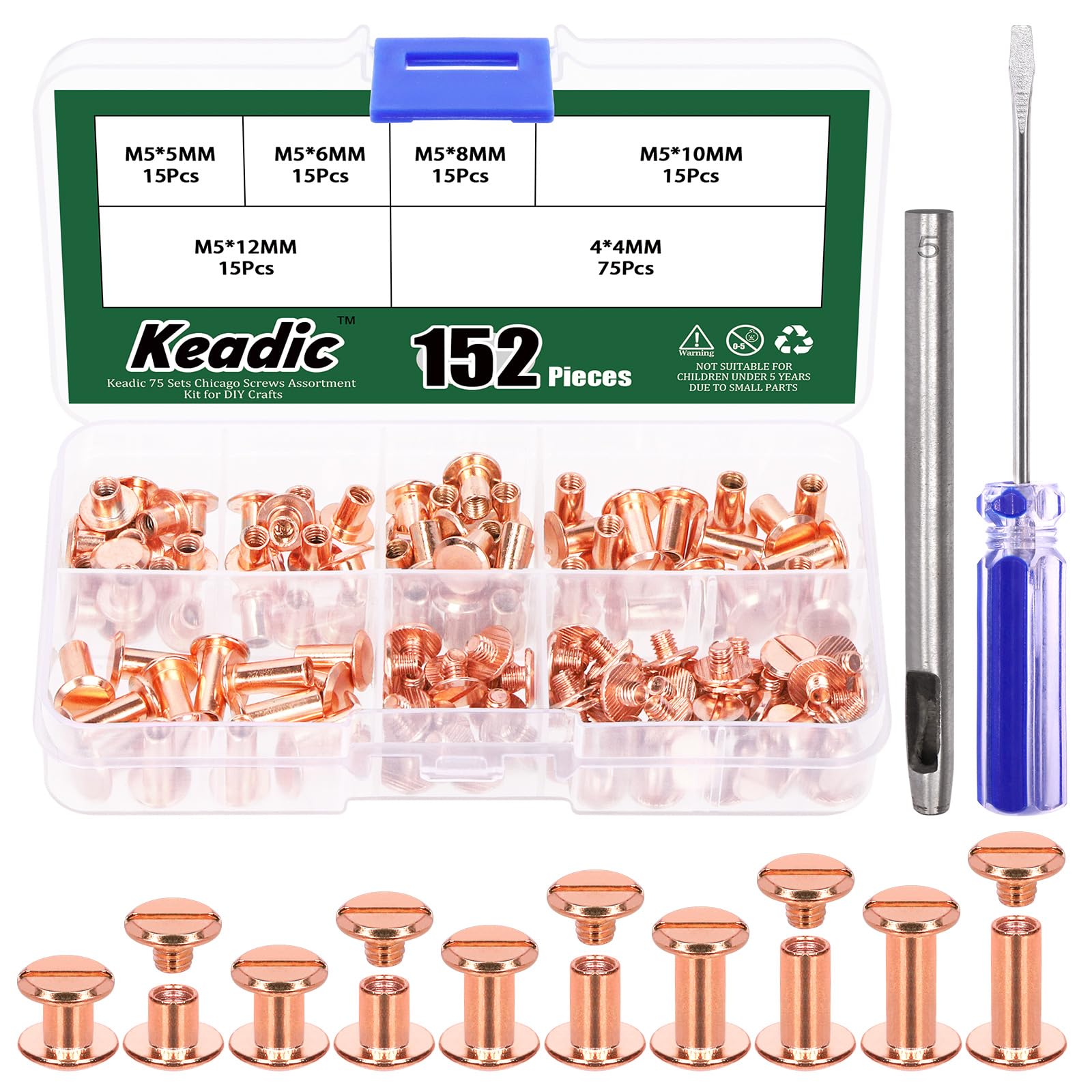 Keadic 152Pcs 5 Sizes Chicago Screws Assortment Set with Setting Tool, M5 x 5/6/8/10/12mm Flat Head Leather Rivets, Bookbinding Posts Nail Studs for Purse Collar Belt Shoes DIY (Rose Gold)