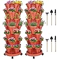 DUNCHATY Stackable Planters 7 Tier Vertical Garden Planting Tower Planters Strawberry, Herb, Flower, and Vegetable Planter Indoor Outdoor Gardening Pots with Removable Wheels and Tools, 2 Set