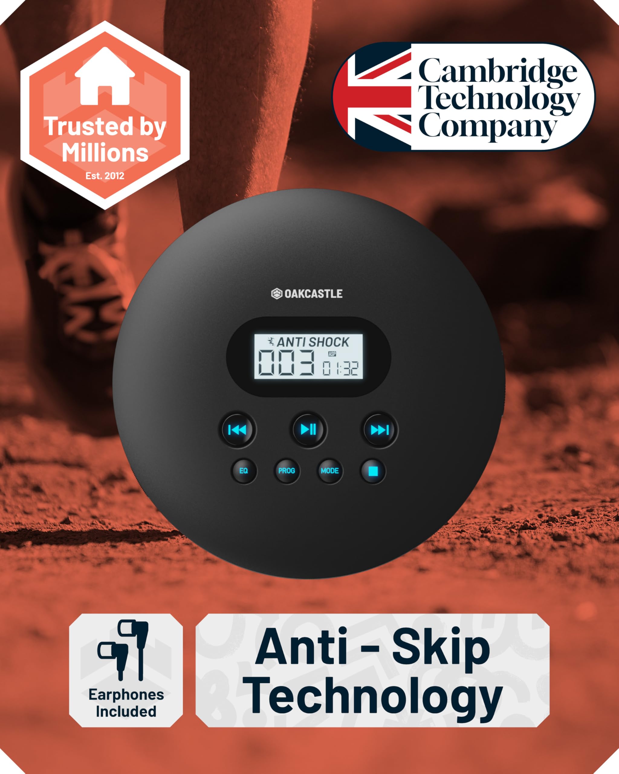 Oakcastle CD100 Rechargeable Bluetooth CD Player | 12hr Portable Playtime | in Car Compatible Personal CD Player | Headphones Included, AUX Output, Anti-Skip Protection, Custom EQ, CD100 (Black)
