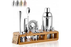 Barillio Bartender Kit - Stainless-Steel Cocktail Shaker Set w/Bamboo Stand - Mixology Bar Tools w/Drink Shaker, Mixer Spoon & Muddler for Cocktails - Home Bar Accessories - 23-Pc Bar Set - Silver