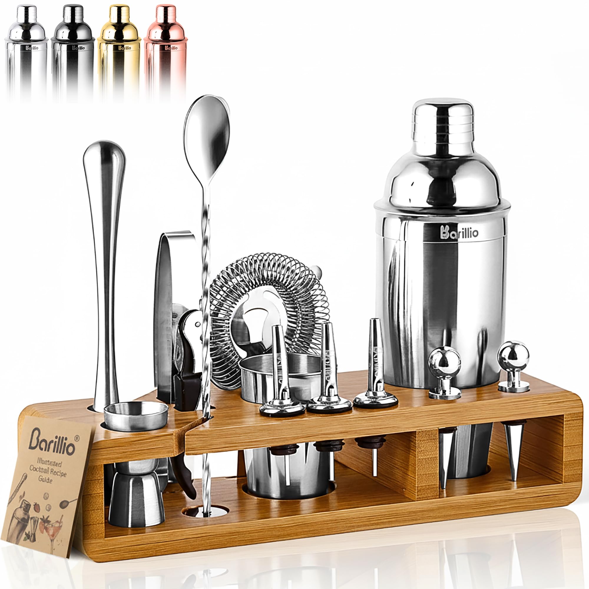 Elite Mixology Bartender Kit Cocktail Shaker Set by barillio: Drink Mixer Set with Bar Tools, Sleek Bamboo Stand, Velvet Carry Bag & Recipes Booklet
