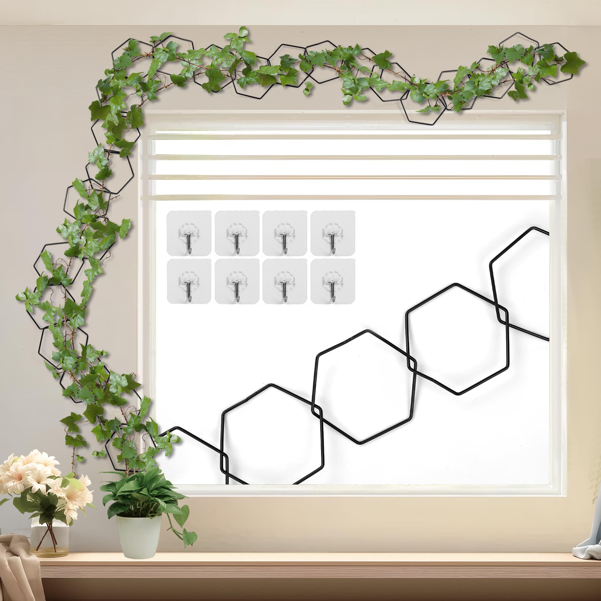 Photo 1 of 24 Pcs Chain Trellis for Climbing Plants, 120 Inch Long Metal Plant Trellis Indoor Outdoor, Garden Wall Vine Support Trellis, Plant Accessories for Ivy, Peonies, Hexagonal Design Black
