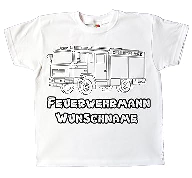Kinder T-Shirt Jungen Mädchen mit Namen individuell Bedruckt Feuerwehr Feuerwehrauto zum bemalen und ausmalen mit Vordruck Ge
